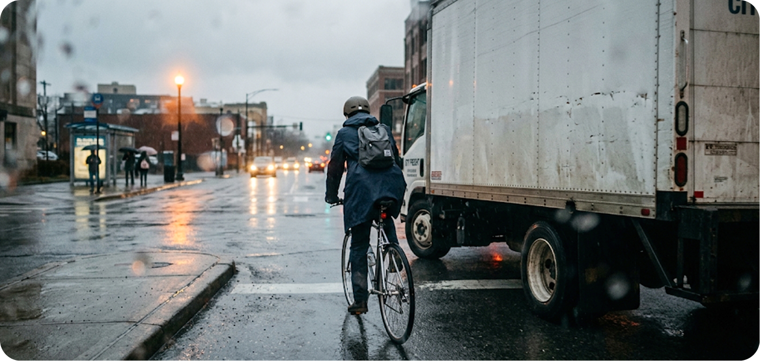 Cycliste à vélo dans une rue urbaine pluvieuse, à côté d'un camion qui constitue son angle mort. Image illustrant la dangerosité quotidienne des trajets cyclistes.