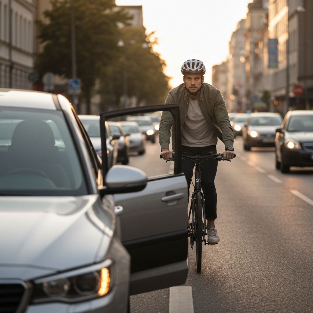Cycliste urbain en ville à côté d'une voiture, illustrant les usagers que SafeRide protège.