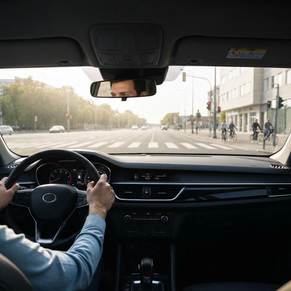 Vue depuis l'intérieur d'une voiture sur une rue urbaine ensoleillée, illustrant un conducteur en conditions réelles.
