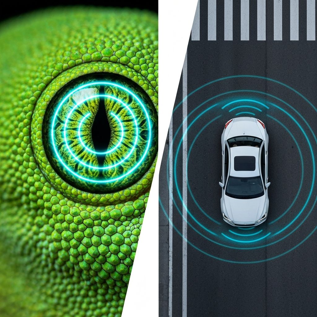 Œil de gecko à gauche et vue aérienne d'une voiture détectée par des ondes radar à droite, illustrant la vision à 360 degrés de SafeRide.