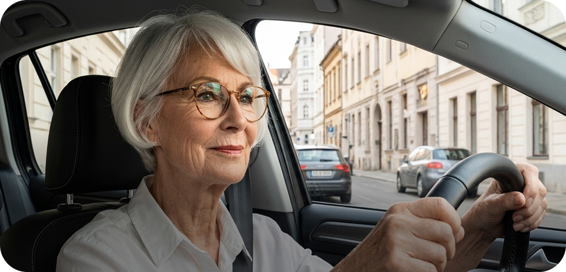 Mme Bertin au volant de sa voiture