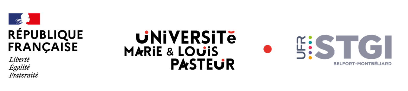 Logos officiels de la République Française, de l'Université Marie & Louis Pasteur, et de l'UFR STGI Belfort-Montbéliard — institutions soutenant le projet SafeRide.