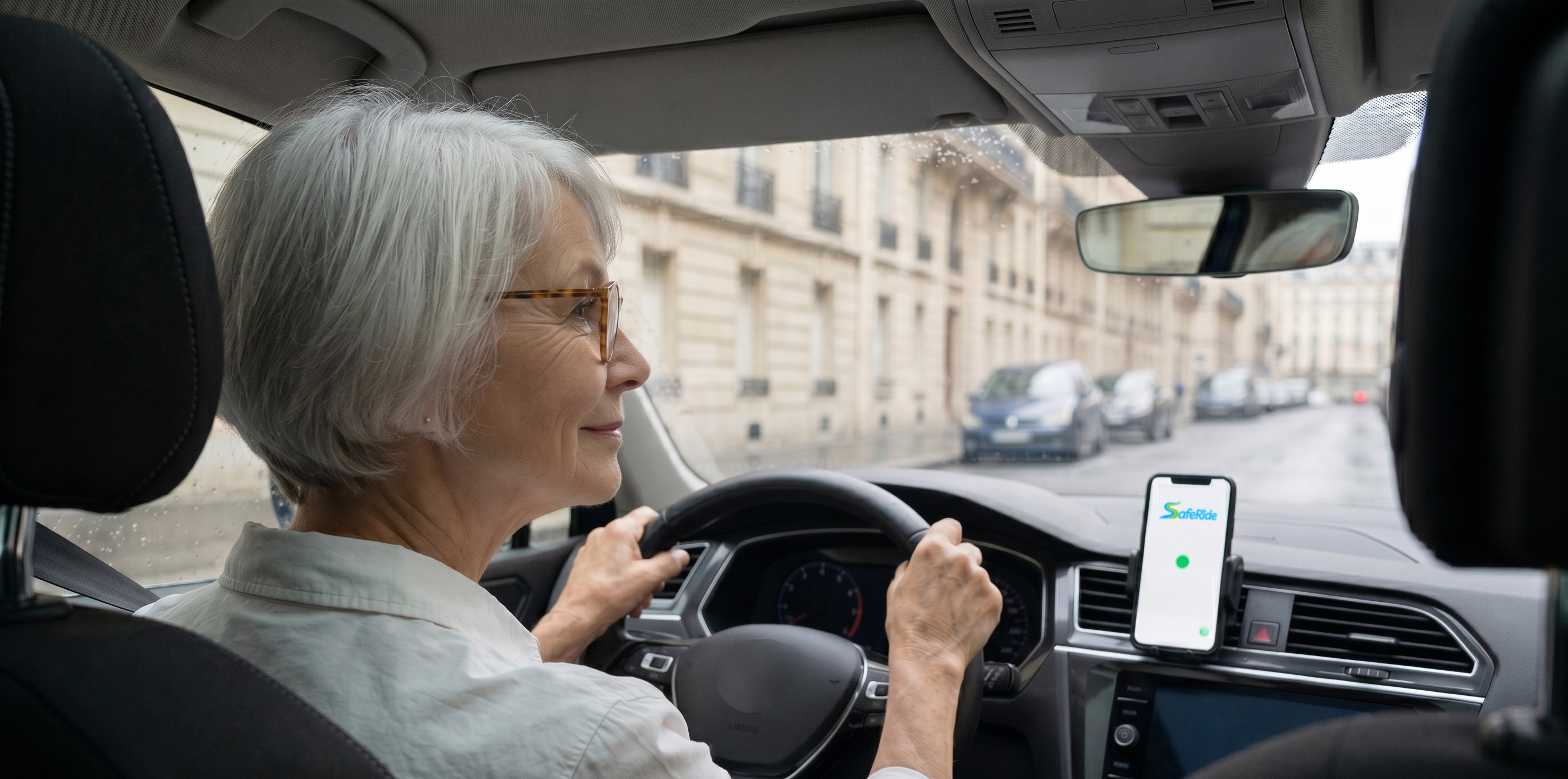 Mme Bertin conduit calmement sa voiture en ville. Son smartphone monté sur le tableau de bord affiche l'application SafeRide active avec un indicateur vert.