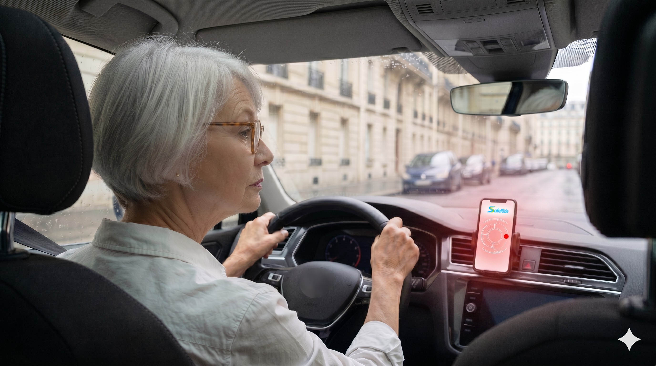 Mme Bertin glance vers son smartphone qui affiche une alerte rouge SafeRide : un cycliste a été détecté dans son angle mort. Le tableau de bord est éclairé d'une lueur rouge.