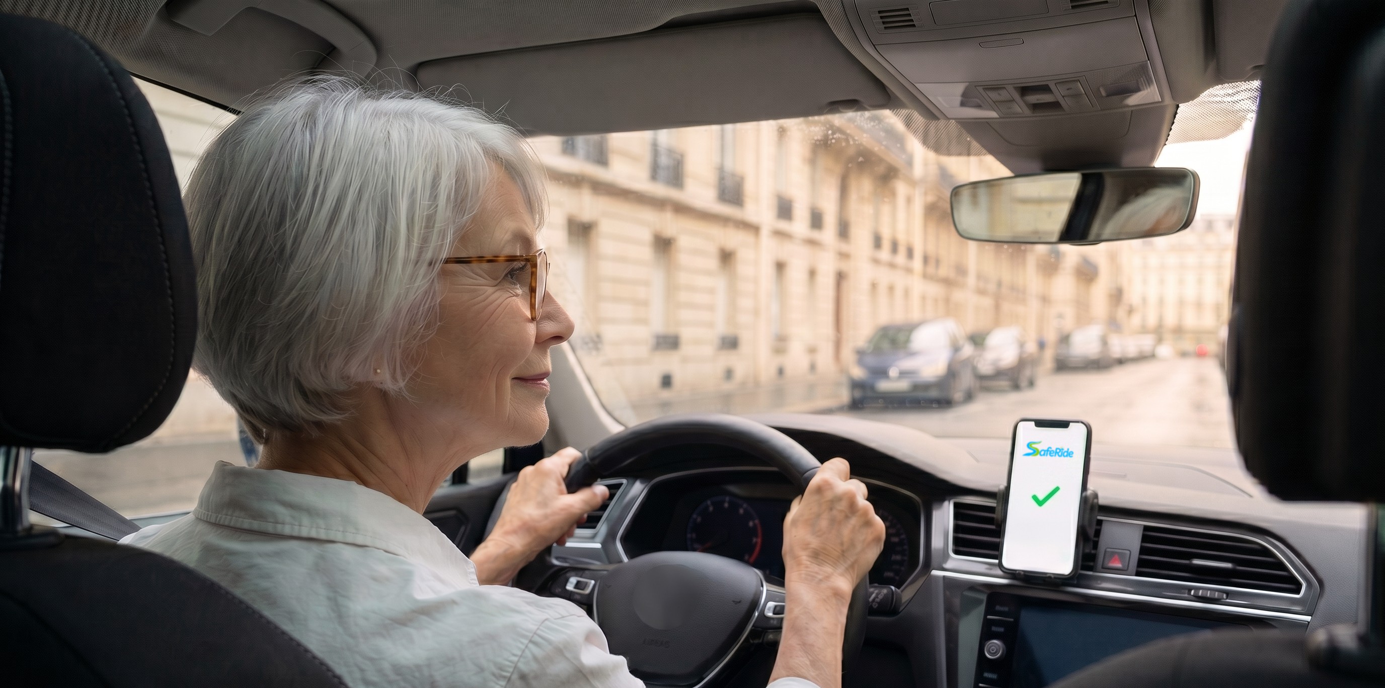 Mme Bertin sourit avec soulagement. Son écran SafeRide affiche une coche verte de confirmation : danger évité.